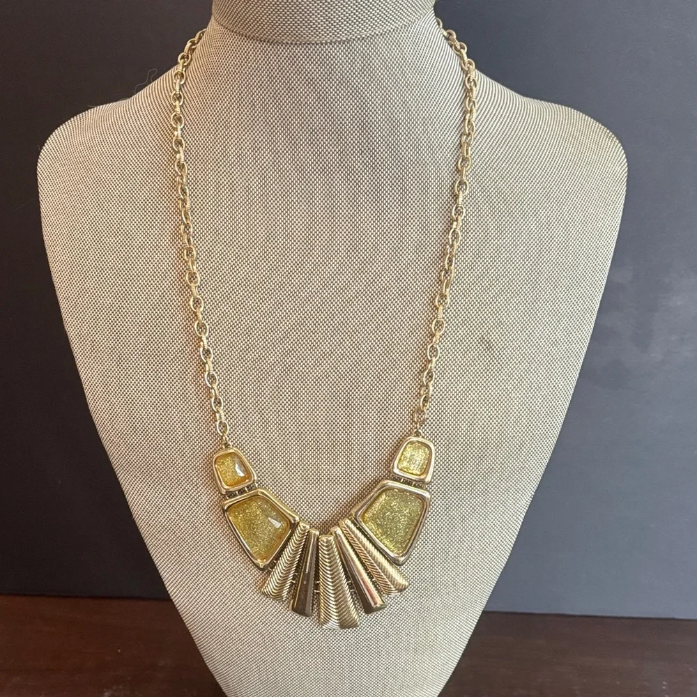 Gold tone geometric fan plate bib statement necklace Cleopatra inspired